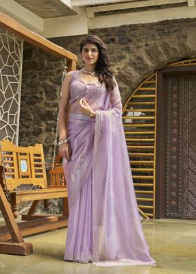 Designer violet heavy zarkan work silk saree 1