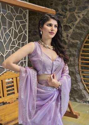 Designer violet heavy zarkan work silk saree 4