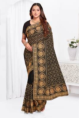 Designer black heavy zari embroidery work silk saree 1