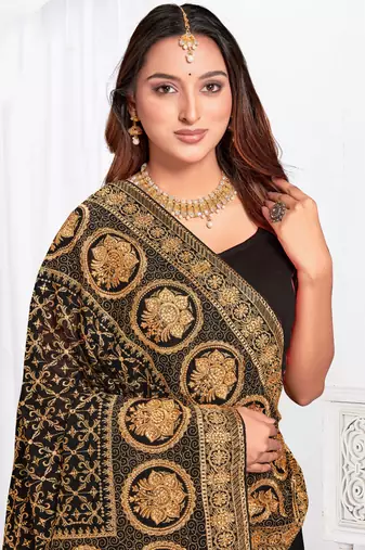 Designer black heavy zari embroidery work silk saree