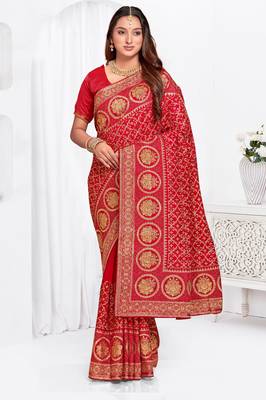 Designer red heavy zari embroidery work silk saree 1