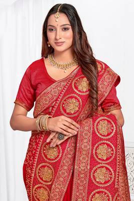 Designer red heavy zari embroidery work silk saree 2