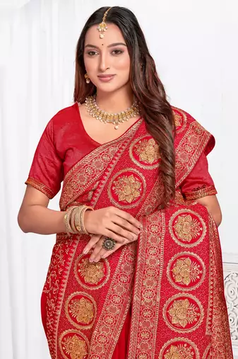 Designer red heavy zari embroidery work silk saree
