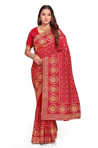 Designer red heavy zari embroidery work silk saree