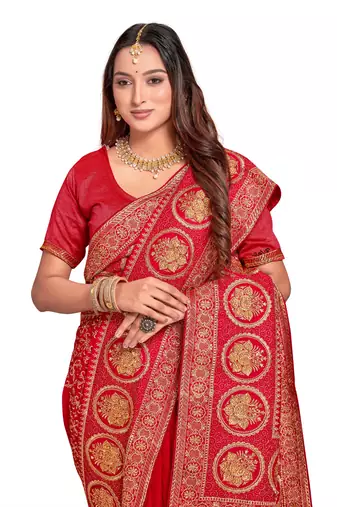 Designer red heavy zari embroidery work silk saree