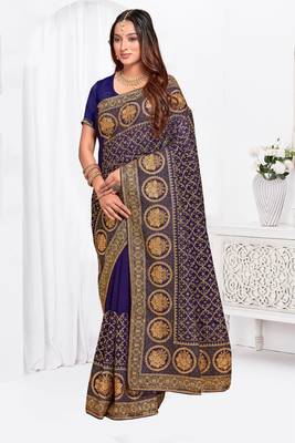 Designer navy blue heavy zari embroidery work silk saree 1