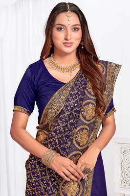Designer navy blue heavy zari embroidery work silk saree 2