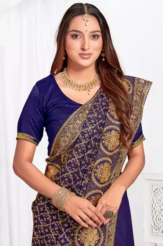 Designer navy blue heavy zari embroidery work silk saree