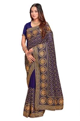 Designer navy blue heavy zari embroidery work silk saree 4