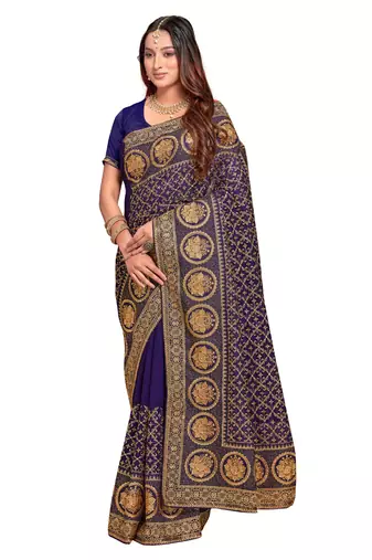 Designer navy blue heavy zari embroidery work silk saree