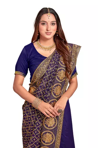 Designer navy blue heavy zari embroidery work silk saree