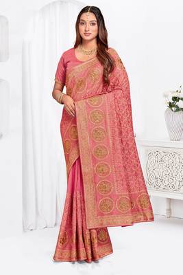 Designer peach heavy zari embroidery work silk saree 1