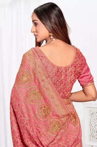 Designer peach heavy zari embroidery work silk saree