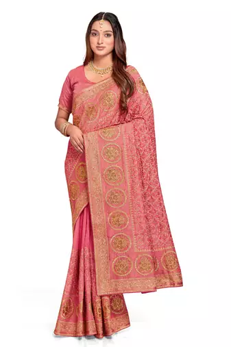 Designer peach heavy zari embroidery work silk saree