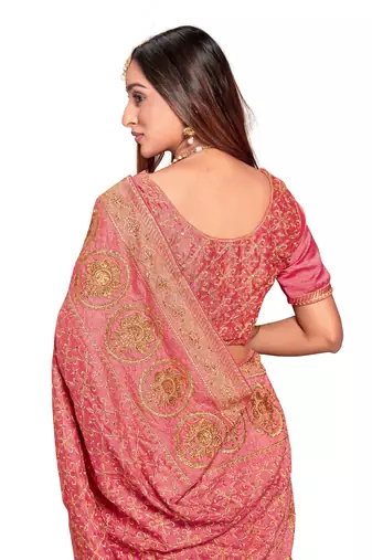 Designer peach heavy zari embroidery work silk saree