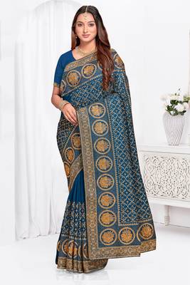 Designer morpeach heavy zari embroidery work silk saree 1