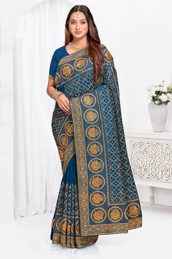 Designer morpeach heavy zari embroidery work silk saree