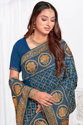 Designer morpeach heavy zari embroidery work silk saree 2