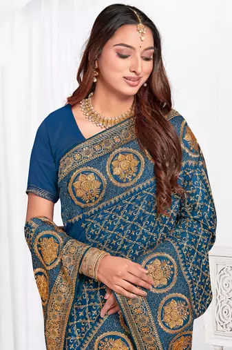 Designer morpeach heavy zari embroidery work silk saree