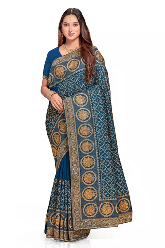 Designer morpeach heavy zari embroidery work silk saree