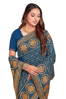 Designer morpeach heavy zari embroidery work silk saree 5