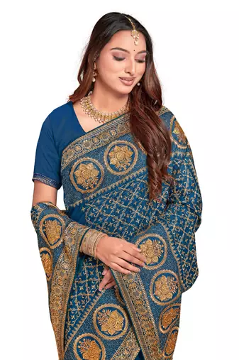 Designer morpeach heavy zari embroidery work silk saree