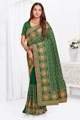 Designer bottle green heavy zari embroidery work silk saree 1