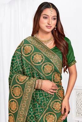 Designer bottle green heavy zari embroidery work silk saree 2