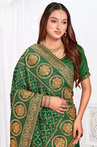 Designer bottle green heavy zari embroidery work silk saree