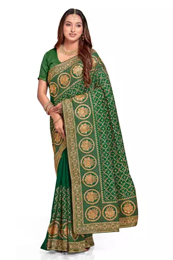 Designer bottle green heavy zari embroidery work silk saree