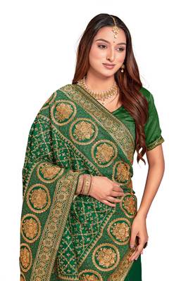 Designer bottle green heavy zari embroidery work silk saree 5
