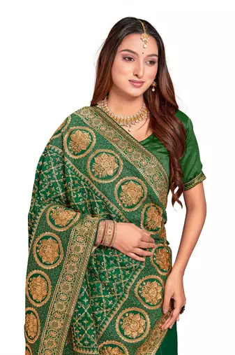 Designer bottle green heavy zari embroidery work silk saree