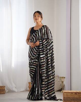 Women's Black Georgette Multi Sequins Designer Saree with Blouse 1