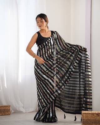Women's Black Georgette Multi Sequins Designer Saree with Blouse 2