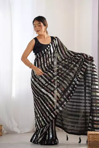 Women's Black Georgette Multi Sequins Designer Saree with Blouse