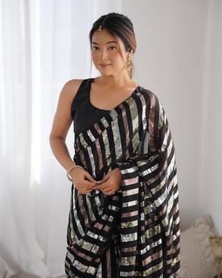 Women's Black Georgette Multi Sequins Designer Saree with Blouse 3