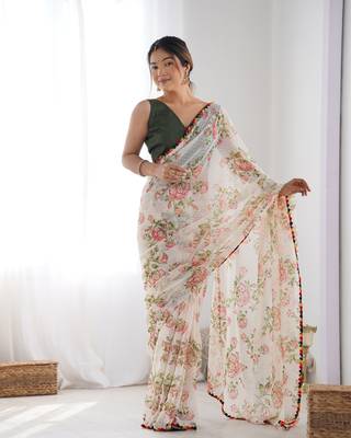 Women's Off-White Georgette Printed Designer Saree with Blouse 1