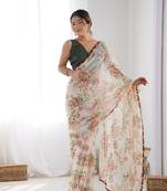 Women's Off-White Georgette Printed Designer Saree with Blouse