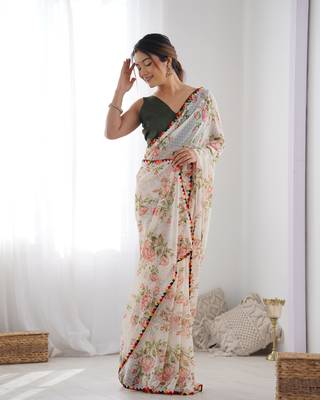 Women's Off-White Georgette Printed Designer Saree with Blouse 2