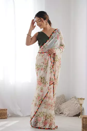 Women's Off-White Georgette Printed Designer Saree with Blouse