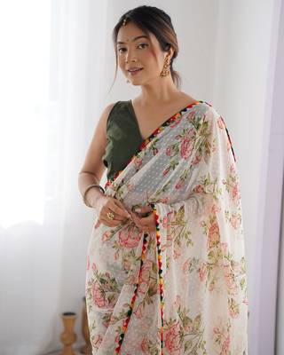 Women's Off-White Georgette Printed Designer Saree with Blouse 3