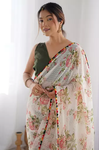 Women's Off-White Georgette Printed Designer Saree with Blouse