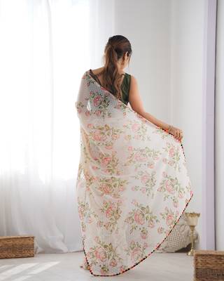 Women's Off-White Georgette Printed Designer Saree with Blouse 4