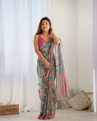 Women's Green Chinon Print with Mirror Work Designer Saree with Blouse 1