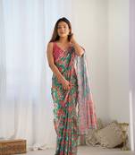 Women's Green Chinon Print with Mirror Work Designer Saree with Blouse