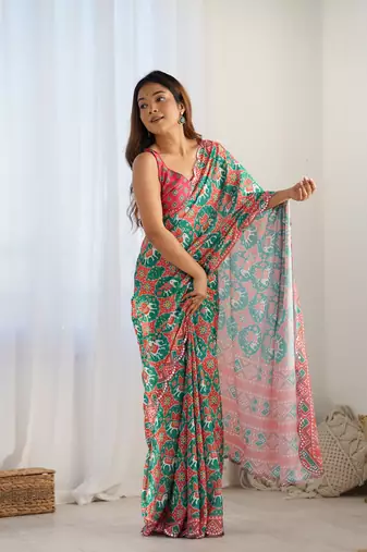 Women's Green Chinon Print with Mirror Work Designer Saree with Blouse