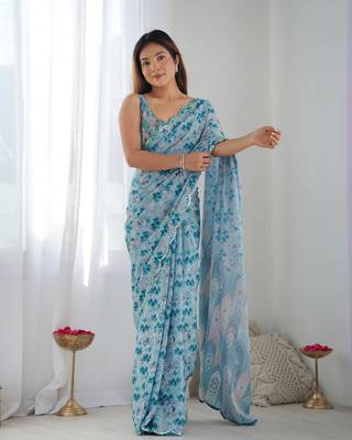 Women's Sky Blue Chinon Print with Mirror Work Designer Saree with Blouse 1