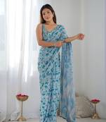 Women's Sky Blue Chinon Print with Mirror Work Designer Saree with Blouse