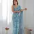 Women's Sky Blue Chinon Print with Mirror Work Designer Saree with Blouse
