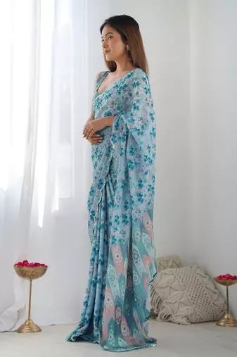 Women's Sky Blue Chinon Print with Mirror Work Designer Saree with Blouse